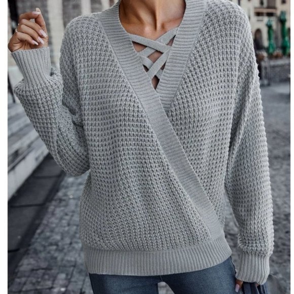 Casual Boho Criss Cross Surplice Neck knit Sweater Top - Picture 4 of 7